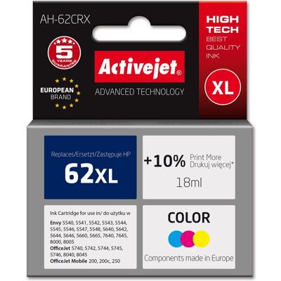 Activejet, Cartouche d'impression, AH-62CRX Cartouche d'encre (remplacement de HP 62XL C2P07AE prime couleur) (C, M, Y) Activejet, Cartouche d'impression, AH-62CRX Cartouche d'encre (remplacement de HP 62XL C2P07AE prime couleur) (C, M, Y)