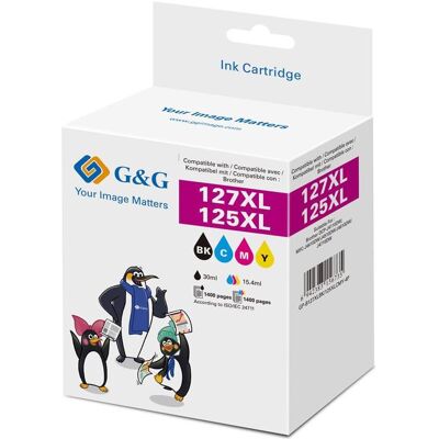 G&G, Cartouche d'impression, 4 cartouches d'encre XXL compatibles avec Brother LC-127XLVALBP : 1 cartouche noire et 1 cartouche (C, CF, M, Y) G&G, Cartouche d'impression, 4 cartouches d'encre XXL compatibles avec Brother LC-127XLVALBP : 1 cartouche noire et 1 cartouche (C, CF, M, Y)