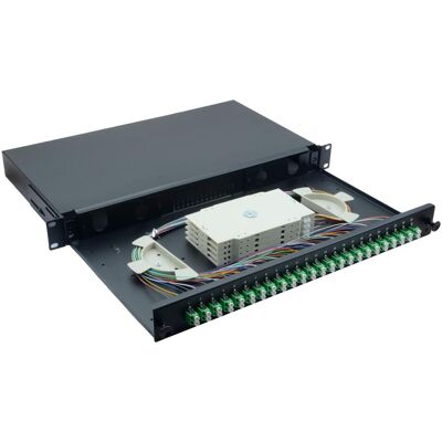 Helos Boîte d'épissure fibre optique 19" 24 x LC/APC Duplex OS2, prête à l'épissure, noire, Serveur : accessoires, Noir Helos Boîte d'épissure fibre optique 19" 24 x LC/APC Duplex OS2, prête à l'épissure, noire, Serveur : accessoires, Noir