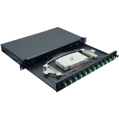 Helos Boîte d'épissure fibre optique 19" 12 x LC/APC Duplex OS2, prête à l'épissure, noire, Serveur : accessoires, Noir Helos Boîte d'épissure fibre optique 19" 12 x LC/APC Duplex OS2, prête à l'épissure, noire, Serveur : accessoires, Noir