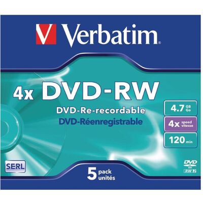 Verbatim DVD-RW, 4x, 4,7 Go, paquet de 5 (5x), Support de données optiques Verbatim DVD-RW, 4x, 4,7 Go, paquet de 5 (5x), Support de données optiques