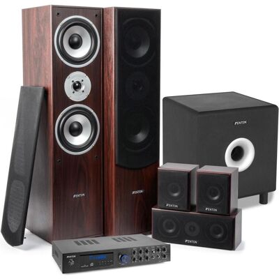 Fenton kit home cinéma - AV550BT 5.1 versterker met walnoot speakers en actieve subwoofer (Set, 200 W), Enceinte hifi + home cinéma, Marron Fenton kit home cinéma - AV550BT 5.1 versterker met walnoot speakers en actieve subwoofer (Set, 200 W), Enceinte hifi + home cinéma, Marron