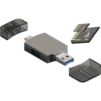 PowerGuard Adaptateur de lecteur de carte OTG 6 en 1 (USB-C, Lightning, USB-A), Adaptateur pour appareils mobiles, Gris PowerGuard Adaptateur de lecteur de carte OTG 6 en 1 (USB-C, Lightning, USB-A), Adaptateur pour appareils mobiles, Gris