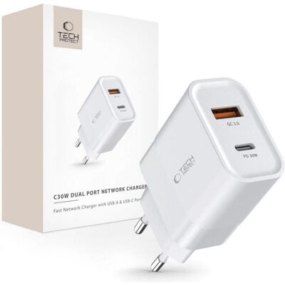 Chargeur USB Tech-Protect C30W - Double ports rapides Chargeur USB Tech-Protect C30W - Double ports rapides