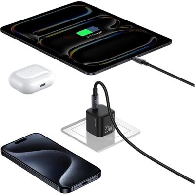 Usams Wall Charger JO Series CC260 20W USB-C + 1m USB-C/Lightning Cable White (20 W, 1 portion), Chargeur USB, Blanc Usams Wall Charger JO Series CC260 20W USB-C + 1m USB-C/Lightning Cable White (20 W, 1 portion), Chargeur USB, Blanc