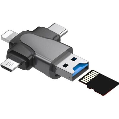 PowerGuard Adaptateur 4 en 1 USB-C Lightning MicroUSB & MicroSD Card Reader (Lightning, USB-C, Micro USB), Adaptateur pour appareils mobiles, Gris PowerGuard Adaptateur 4 en 1 USB-C Lightning MicroUSB & MicroSD Card Reader (Lightning, USB-C, Micro USB), Adaptateur pour appareils mobiles, Gris