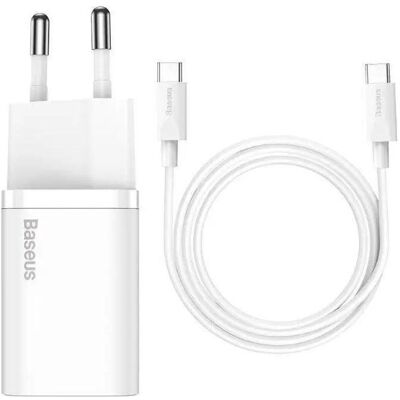 Baseus TZCCSUP-L02 Super Si Quick Charger USB-C 25W + Data Cable USB-C to USB-C 1m White (Damaged pa (25 W), Chargeur USB, Blanc Baseus TZCCSUP-L02 Super Si Quick Charger USB-C 25W + Data Cable USB-C to USB-C 1m White (Damaged pa (25 W), Chargeur USB, Blanc