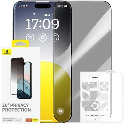 Verre Trempé de Confidentialité Baseus pour iPhone 15 Plus - Protecteur d'écran Verre Trempé de Confidentialité Baseus pour iPhone 15 Plus - Protecteur d'écran