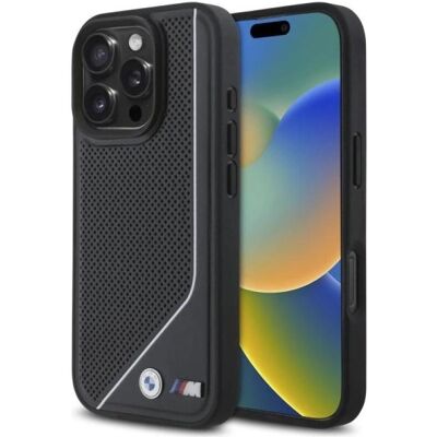 Coque iPhone 16 Pro BMW - MagSafe, Lignes Torsadées Perforées, Noir Coque iPhone 16 Pro BMW - MagSafe, Lignes Torsadées Perforées, Noir
