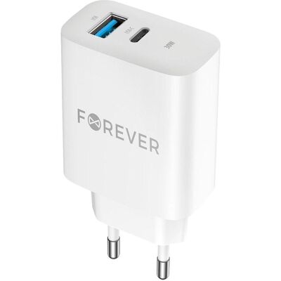 Forever TC-07 PD QC charger 1x USB-C 1x USB 30W white + USB-C - USB-C cable 60W (30 W, 2 ports), Chargeur USB, Blanc Forever TC-07 PD QC charger 1x USB-C 1x USB 30W white + USB-C - USB-C cable 60W (30 W, 2 ports), Chargeur USB, Blanc