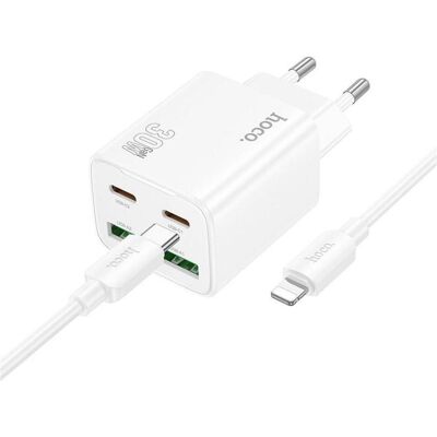 Hoco Chargeur de téléphone 2 x USB-C + 2 x USB-A, QC3.0, PD 3 A, 30 W + câble USB-C vers Lightning N56 (30 W, 4 ports), Chargeur USB, Blanc Hoco Chargeur de téléphone 2 x USB-C + 2 x USB-A, QC3.0, PD 3 A, 30 W + câble USB-C vers Lightning N56 (30 W, 4 ports), Chargeur USB, Blanc