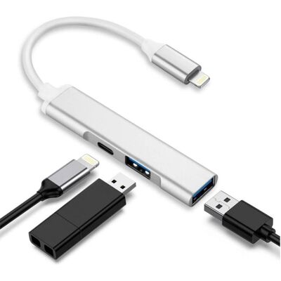 PowerGuard 3-en-1 Lightning USB Caméra OTG Adaptateur 2x USB Ports Charge-In, Adaptateur pour appareils mobiles, Argent PowerGuard 3-en-1 Lightning USB Caméra OTG Adaptateur 2x USB Ports Charge-In, Adaptateur pour appareils mobiles, Argent