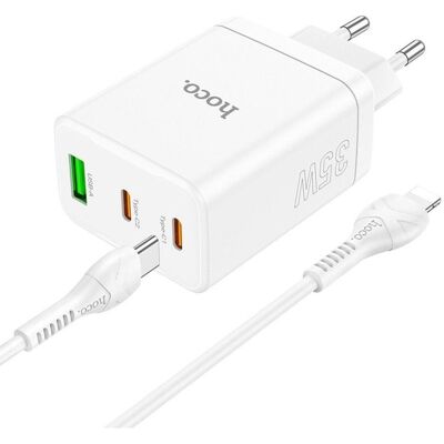 Hoco Adapter charger 2 x Type C + USB A + cable Type C to Lightning PD QC3.0 3A 35W N33 white (35 W, 3 ports), Chargeur USB, Blanc Hoco Adapter charger 2 x Type C + USB A + cable Type C to Lightning PD QC3.0 3A 35W N33 white (35 W, 3 ports), Chargeur USB, Blanc