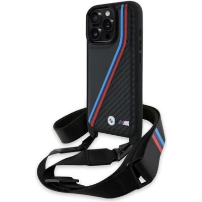 Étui BMW iPhone 16 Pro Max Lignes Tricolores en Carbone et Dragonne Étui BMW iPhone 16 Pro Max Lignes Tricolores en Carbone et Dragonne