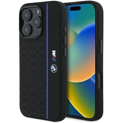 Coque en silicone BMW pour iPhone 16 Pro Max - Hexagone - Ligne Bleue - Noir Coque en silicone BMW pour iPhone 16 Pro Max - Hexagone - Ligne Bleue - Noir