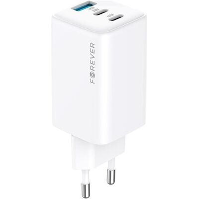 Forever TC-08-65ACC GaN PD QC charger 2x USB-C 1x USB 65W white (65 W, 3 ports), Chargeur USB, Blanc Forever TC-08-65ACC GaN PD QC charger 2x USB-C 1x USB 65W white (65 W, 3 ports), Chargeur USB, Blanc