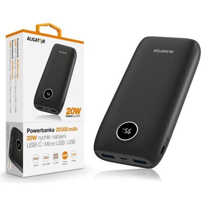 Aligator Powerbank PD20W+QC22.5W / 20000mAh / schwarz (20000 mAh, 20 W), Chargeur de secours, Noir Aligator Powerbank PD20W+QC22.5W / 20000mAh / schwarz (20000 mAh, 20 W), Chargeur de secours, Noir