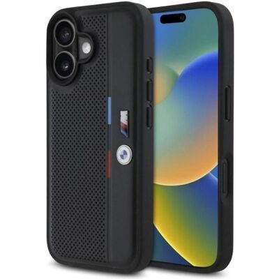 Coque BMW iPhone 16 - Ligne Tricolore Perforée Coque BMW iPhone 16 - Ligne Tricolore Perforée