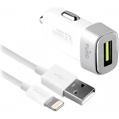 Puro Chargeur pour smartphone Mini FAST + câble Lightning MFi 1,4 m blanc/white 5 V/2,4 A - 12 W, Adaptateur pour véhicule, Blanc Puro Chargeur pour smartphone Mini FAST + câble Lightning MFi 1,4 m blanc/white 5 V/2,4 A - 12 W, Adaptateur pour véhicule, Blanc