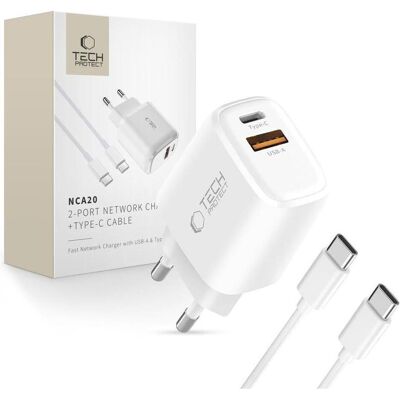 Tech-Protect NCA20 PD 20W QC3.0 USB-A / USB-C Wandladegerät + USB-C / USB-C Kabel 100cm - Weiss (20 W, 2 ports), Chargeur USB, Blanc Tech-Protect NCA20 PD 20W QC3.0 USB-A / USB-C Wandladegerät + USB-C / USB-C Kabel 100cm - Weiss (20 W, 2 ports), Chargeur USB, Blanc