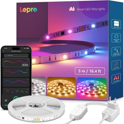 Lepro, Bande LED, S2 5 m Wi-Fi- und Bluetooth-fähiger RGBIC-LED-Streifen (Blanc chaud, Blanc froid, RGB, RGBIC, 500 cm, Intérieur) Lepro, Bande LED, S2 5 m Wi-Fi- und Bluetooth-fähiger RGBIC-LED-Streifen (Blanc chaud, Blanc froid, RGB, RGBIC, 500 cm, Intérieur)