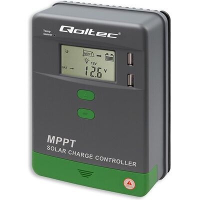 Qoltec Régulateur de charge solaire MPPT avec capteur de température, 10 A, 12/24 V, écran LCD, 2 ports, Régulateur de charge, Noir Qoltec Régulateur de charge solaire MPPT avec capteur de température, 10 A, 12/24 V, écran LCD, 2 ports, Régulateur de charge, Noir