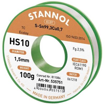 Stannol HS10 2510 Étain de soudure, sans plomb Bobine Sn99,3Cu0,7 ROM1 100 g 1.5 mm (Souder), Fer à souder : accessoires Stannol HS10 2510 Étain de soudure, sans plomb Bobine Sn99,3Cu0,7 ROM1 100 g 1.5 mm (Souder), Fer à souder : accessoires