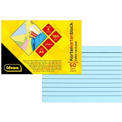 Idena, Fiche, Bloc de fiches lignées DIN A6 50 pièces (A6, 50x, 180 g/m²) Idena, Fiche, Bloc de fiches lignées DIN A6 50 pièces (A6, 50x, 180 g/m²)