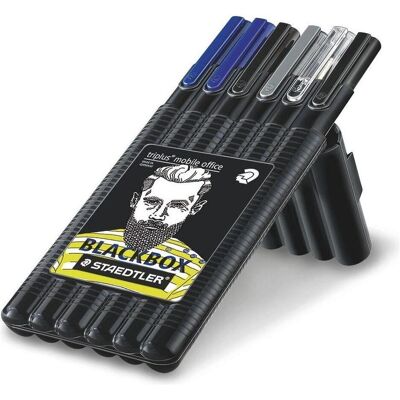 Staedtler Stylo, Set d'écriture triplus black mobile office Contenu : 1x fineliner triplus noir & bleu (334-3, 334-9) (6x) Staedtler Stylo, Set d'écriture triplus black mobile office Contenu : 1x fineliner triplus noir & bleu (334-3, 334-9) (6x)