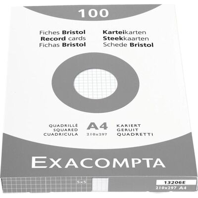 Exacompta, Fiche, Étui de 100 fiches - bristol quadrillé 5x5 non perforé 210x297mm - Blanc (210 x 297 mm, 205 g/m²) Exacompta, Fiche, Étui de 100 fiches - bristol quadrillé 5x5 non perforé 210x297mm - Blanc (210 x 297 mm, 205 g/m²)