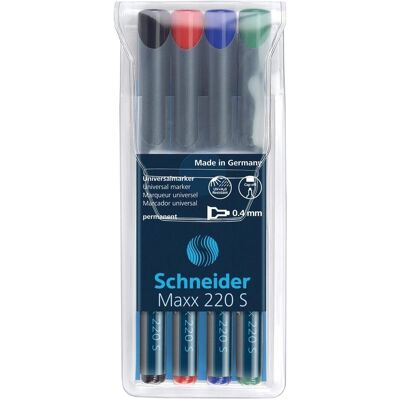 Schneider, Marqueur, Marqueur OHP Maxx permanent, S, étui de 4 pièces : rouge, bleu, vert, noir (4x) Schneider, Marqueur, Marqueur OHP Maxx permanent, S, étui de 4 pièces : rouge, bleu, vert, noir (4x)
