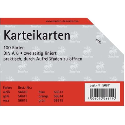 Staufen, Fiche, Fiches A6/100 lignées jaunes (A6, 180 g/m²) Staufen, Fiche, Fiches A6/100 lignées jaunes (A6, 180 g/m²)