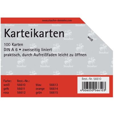 Staufen, Fiche, Fiches A6/100 lignées blanches (A6, 180 g/m²) Staufen, Fiche, Fiches A6/100 lignées blanches (A6, 180 g/m²)