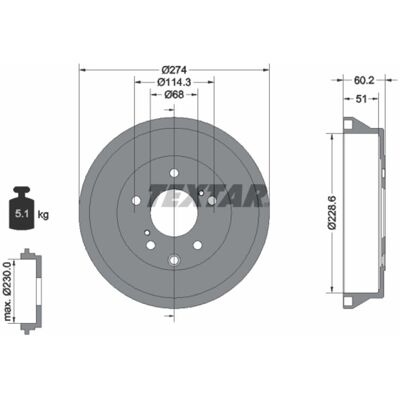 Tambour de frein TEXTAR 94047800 - Diamètre 228,6mm, Extérieur 274mm, 05/08 trous Tambour de frein TEXTAR 94047800 - Diamètre 228,6mm, Extérieur 274mm, 05/08 trous