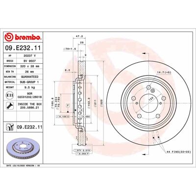 Disque de frein BREMBO 09.E232.11 - Ventilé - 28mm - 320mm - 5 trous Disque de frein BREMBO 09.E232.11 - Ventilé - 28mm - 320mm - 5 trous