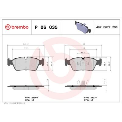 Jeu de plaquettes de frein BREMBO P 06 035, avant Jeu de plaquettes de frein BREMBO P 06 035, avant