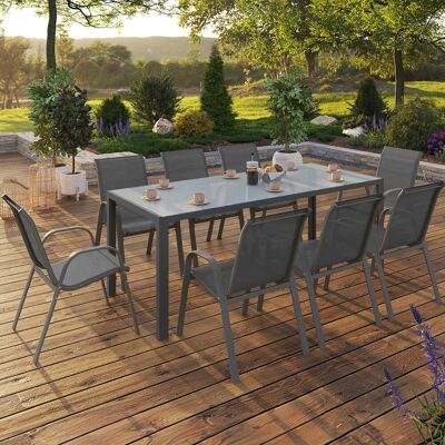 Ensemble de mobilier de jardin IDMARKET Madrid - 8 places, Table en verre moderne, Chaises empilables Ensemble de mobilier de jardin IDMARKET Madrid - 8 places, Table en verre moderne, Chaises empilables
