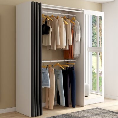 IDMarket Dressing extensible 120/170 x 50 x 180 cm blanc avec étagères + double penderie + miroir + rideau gris IDMarket Dressing extensible 120/170 x 50 x 180 cm blanc avec étagères + double penderie + miroir + rideau gris