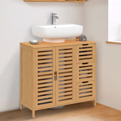 IDMarket Meuble sous lavabo salle de bain bambou avec placard et 3 tiroirs IDMarket Meuble sous lavabo salle de bain bambou avec placard et 3 tiroirs