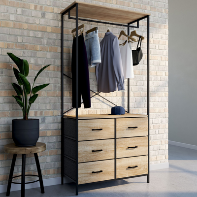 IDMarket Dressing penderie industrielle avec 6 bacs en tissu bois et noir IDMarket Dressing penderie industrielle avec 6 bacs en tissu bois et noir