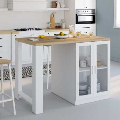 IDMarket Ilot de cuisine central bois blanc 120 cm avec portes vitrées et rangements IDMarket Ilot de cuisine central bois blanc 120 cm avec portes vitrées et rangements