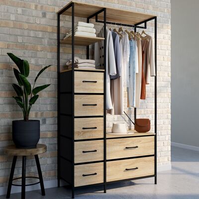 IDMarket Dressing penderie industriel avec 7 bacs en tissu, coloris bois et noir IDMarket Dressing penderie industriel avec 7 bacs en tissu, coloris bois et noir