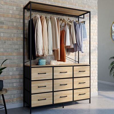 IDMarket Dressing penderie industriel 115 cm avec 9 bacs en tissu bois et noir IDMarket Dressing penderie industriel 115 cm avec 9 bacs en tissu bois et noir