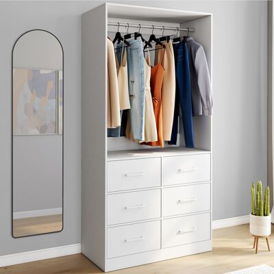IDMarket Dressing penderie L. 80 cm avec 6 tiroirs bois et tissu blanc IDMarket Dressing penderie L. 80 cm avec 6 tiroirs bois et tissu blanc