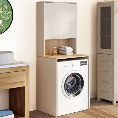 IDMarket Meuble dessus de machine à laver avec placard beige et bois façon hêtre IDMarket Meuble dessus de machine à laver avec placard beige et bois façon hêtre