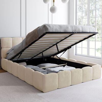 IDMarket Tweepersoons kistbed met gewatteerd hoofdeinde en beige fluwelen lattenbodem 140 x 190 cm IDMarket Tweepersoons kistbed met gewatteerd hoofdeinde en beige fluwelen lattenbodem 140 x 190 cm