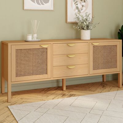 IDMarket Houten en rieten laag dressoir 140 cm met 2 deuren en 3 laden IDMarket Houten en rieten laag dressoir 140 cm met 2 deuren en 3 laden