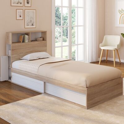 IDMarket Lit 1 personne sommier 90x190 cm hêtre et blanc avec rangement et tête de lit IDMarket Lit 1 personne sommier 90x190 cm hêtre et blanc avec rangement et tête de lit