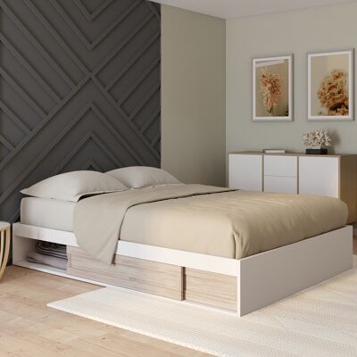 IDMarket Cadre de lit 140x190 cm avec sommier et rangements blanc et bois façon hêtre IDMarket Cadre de lit 140x190 cm avec sommier et rangements blanc et bois façon hêtre