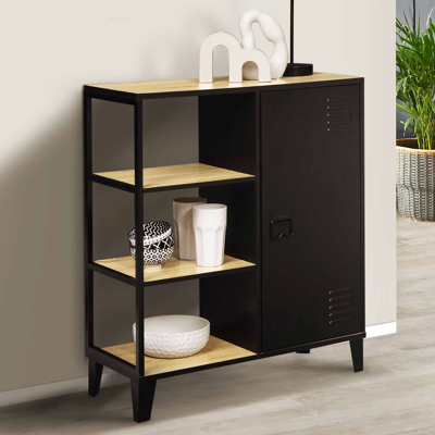 Armoire Ester d'Idmarket - 3 étagères, métal noir, dessus en bois - Mobilier de rangement Armoire Ester d'Idmarket - 3 étagères, métal noir, dessus en bois - Mobilier de rangement